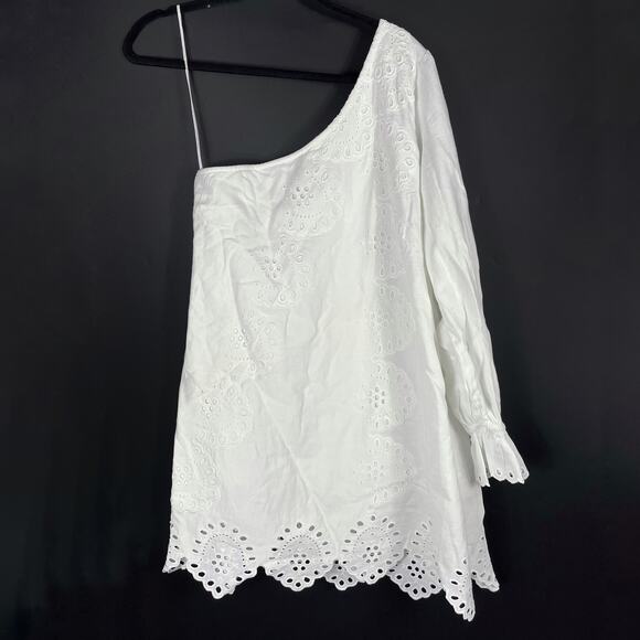 Hill House Mila Dress White Linen One Shoulder Eyelet Long Sleeve Sz M - Picture 3 of 11